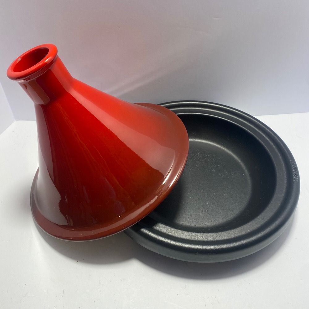 Le Creuset Tagine Enameled Cast Iron Base Stoneware Lid Red Cerise Excellent